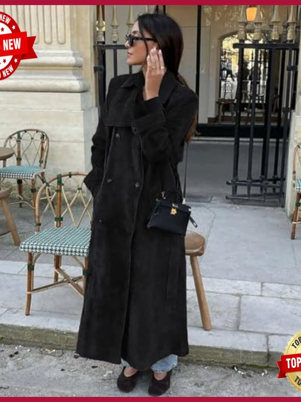 Faux Suede Long Trench Coat Double Breasted Pea Coat Belted Slim Fit - Picture 6 of 7